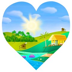 Tropical Resort Huts Lake River Wooden Puzzle Heart by Simbadda