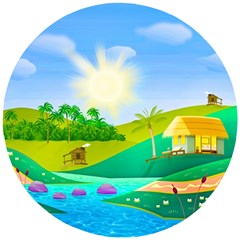 Tropical Resort Huts Lake River Wooden Puzzle Round by Simbadda