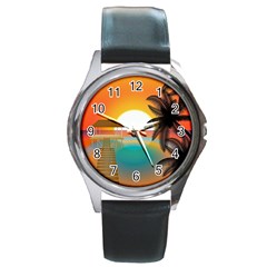 Sunset Beach Beach Palm Ocean Round Metal Watch by Simbadda