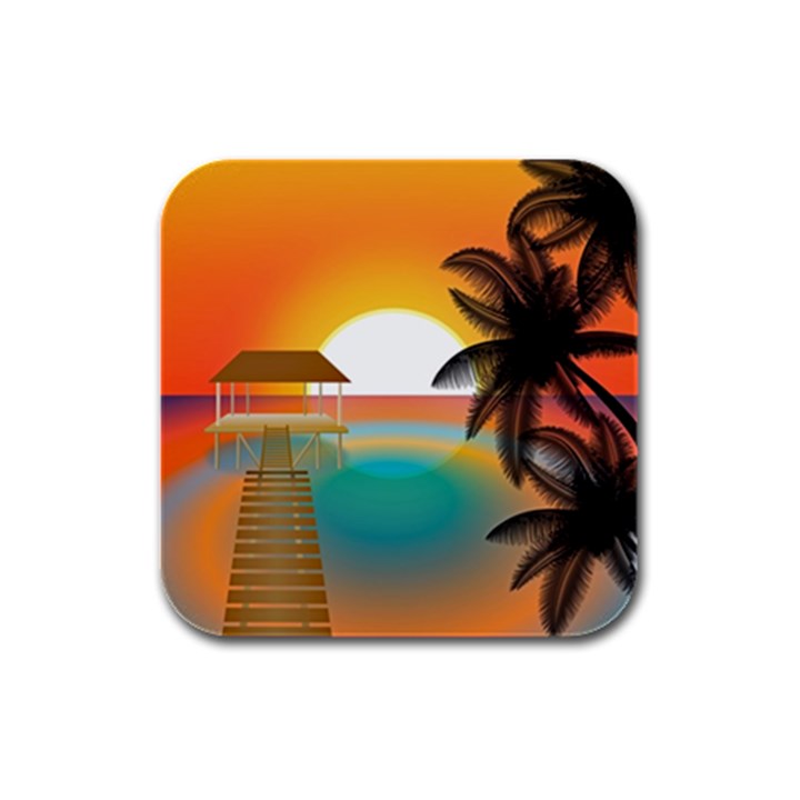 Sunset Beach Beach Palm Ocean Rubber Square Coaster (4 pack) 