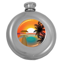 Sunset Beach Beach Palm Ocean Round Hip Flask (5 Oz) by Simbadda