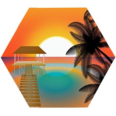 Sunset Beach Beach Palm Ocean Wooden Puzzle Hexagon by Simbadda