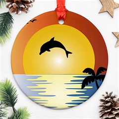 Ocean Sunset Dolphin Palm Tree Ornament (round) by Simbadda