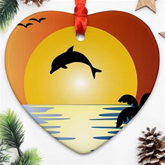 Ocean Sunset Dolphin Palm Tree Ornament (heart) by Simbadda