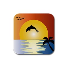 Ocean Sunset Dolphin Palm Tree Rubber Square Coaster (4 Pack)  by Simbadda