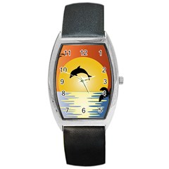 Ocean Sunset Dolphin Palm Tree Barrel Style Metal Watch by Simbadda