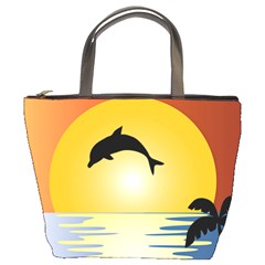 Ocean Sunset Dolphin Palm Tree Bucket Bag by Simbadda