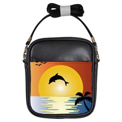 Ocean Sunset Dolphin Palm Tree Girls Sling Bag by Simbadda