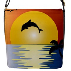 Ocean Sunset Dolphin Palm Tree Flap Closure Messenger Bag (s) by Simbadda