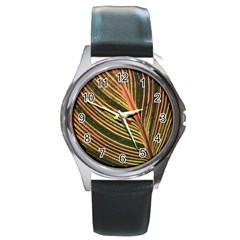 Leaf Patten Lines Colorful Plant Round Metal Watch by Simbadda