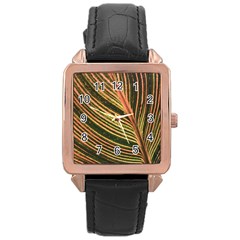 Leaf Patten Lines Colorful Plant Rose Gold Leather Watch  by Simbadda