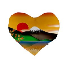 Mount Fuji Japan Lake Sun Sunset Standard 16  Premium Flano Heart Shape Cushions by Simbadda