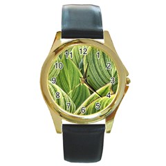 Leaves Striped Pattern Texture Round Gold Metal Watch