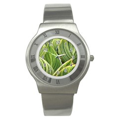 Leaves Striped Pattern Texture Stainless Steel Watch by Simbadda