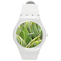 Leaves Striped Pattern Texture Round Plastic Sport Watch (m) by Simbadda