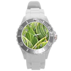 Leaves Striped Pattern Texture Round Plastic Sport Watch (l) by Simbadda