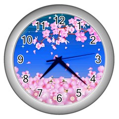 Sakura Cherry Blossom Night Moon Wall Clock (silver) by Simbadda