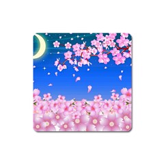 Sakura Cherry Blossom Night Moon Square Magnet by Simbadda