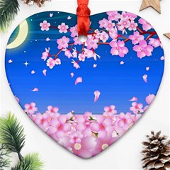 Sakura Cherry Blossom Night Moon Heart Ornament (two Sides) by Simbadda