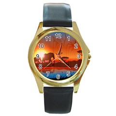 African Background Round Gold Metal Watch by Simbadda