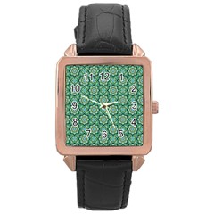 Green Abstract Geometry Pattern Rose Gold Leather Watch  by Simbadda