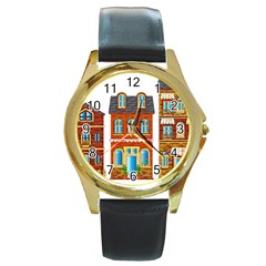 City Buildings Brick Architecture Round Gold Metal Watch by Simbadda