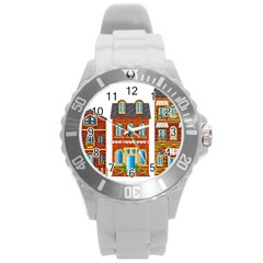 City Buildings Brick Architecture Round Plastic Sport Watch (l) by Simbadda