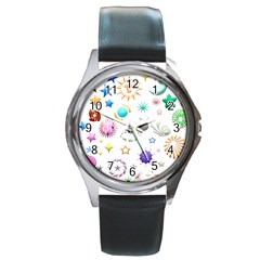 Shapes Stars Moon Sun Pattern Round Metal Watch by Simbadda