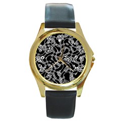 Unfinishedbusiness Black On White Round Gold Metal Watch by designsbyamerianna