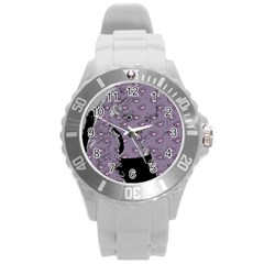 Wide Eyed Girl Grey Lilac Round Plastic Sport Watch (l) by snowwhitegirl