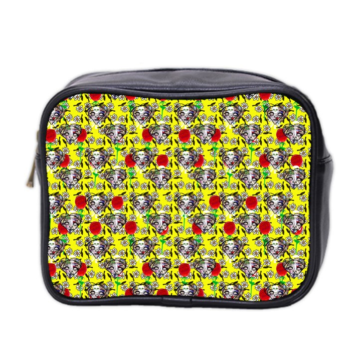 Heart Skeleton Face Pattern Yellow Mini Toiletries Bag (Two Sides)