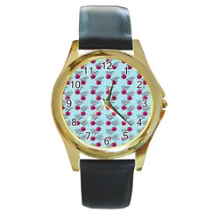 Cherries An Bats Aqua Round Gold Metal Watch by snowwhitegirl