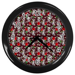 Heart Skeleton Face Pattern Burgundy Wall Clock (black) by snowwhitegirl