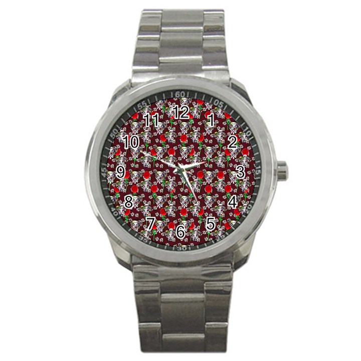 Heart Skeleton Face Pattern Burgundy Sport Metal Watch