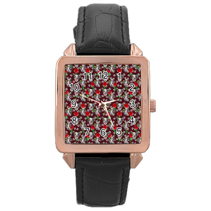 Heart Skeleton Face Pattern Burgundy Rose Gold Leather Watch 