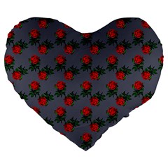 Red Roses Grey Large 19  Premium Flano Heart Shape Cushions