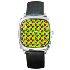 Red Roses Lime Green Square Metal Watch by snowwhitegirl