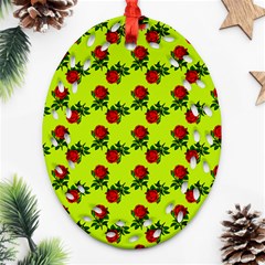 Red Roses Lime Green Ornament (oval Filigree) by snowwhitegirl