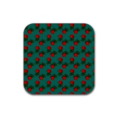 Red Roses Teal Green Rubber Coaster (square)  by snowwhitegirl