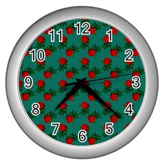 Red Roses Teal Green Wall Clock (silver)