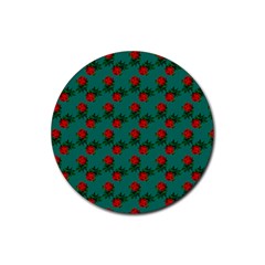 Red Roses Teal Green Rubber Round Coaster (4 Pack) 