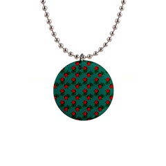 Red Roses Teal Green 1  Button Necklace by snowwhitegirl