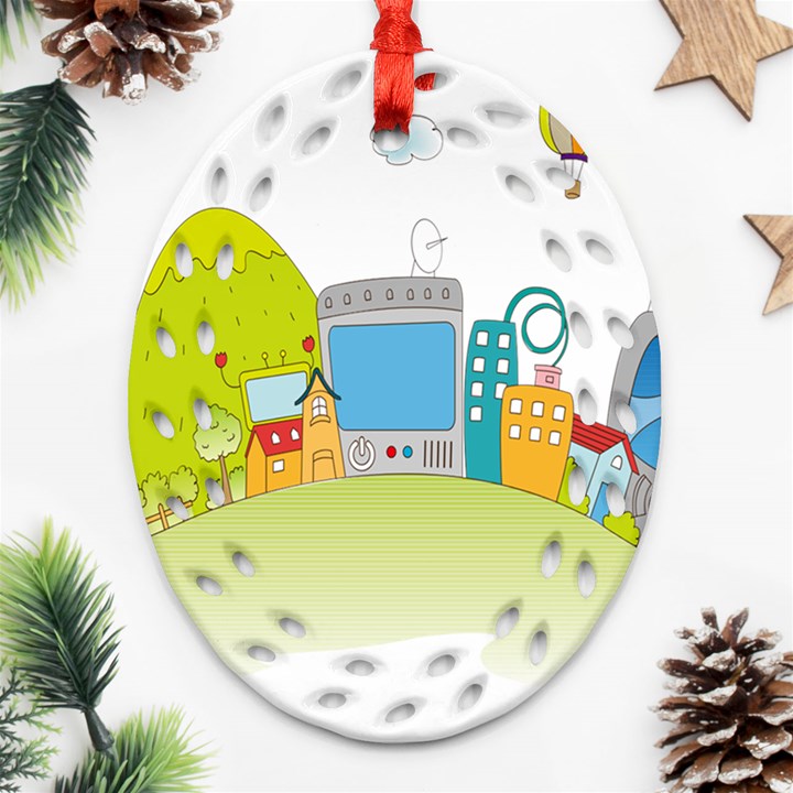 City Village Digital Home Town Oval Filigree Ornament (Two Sides)