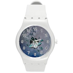 Sport, Surfboard With Flowers And Fish Round Plastic Sport Watch (m) by FantasyWorld7