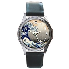 Image Woodblock Printing Woodcut Round Metal Watch by Sudhe