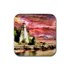 Lighthouse Ocean Sunset Seagulls Rubber Coaster (square)  by Sudhe