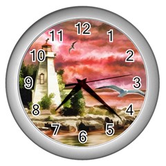 Lighthouse Ocean Sunset Seagulls Wall Clock (silver) by Sudhe