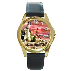 Lighthouse Ocean Sunset Seagulls Round Gold Metal Watch by Sudhe