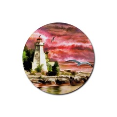 Lighthouse Ocean Sunset Seagulls Rubber Coaster (round)  by Sudhe