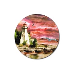 Lighthouse Ocean Sunset Seagulls Magnet 3  (round) by Sudhe